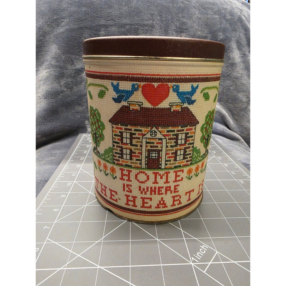Vintage Cross Stitch Sampler Metal Tin Home is Where the Heart Is Country Decor